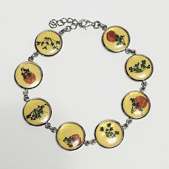 Sterling Silver Real Flower Link Bracelet - Picture 6 of 7